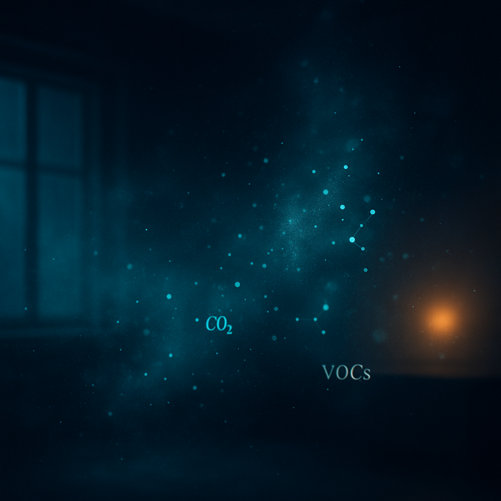 Abstract visualization of invisible indoor air pollutants drifting in a dark room